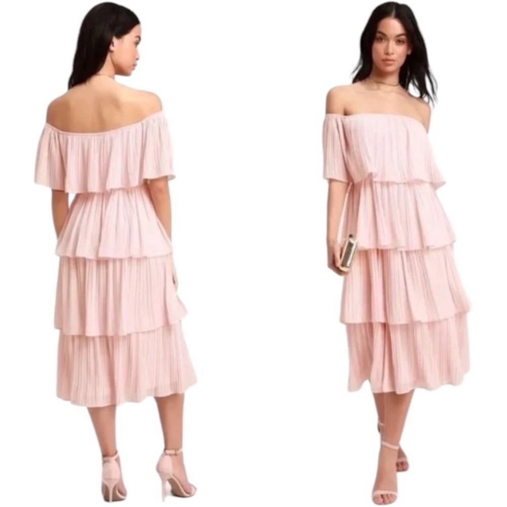 Lulu's Women's Medium‎ Gala Ready Off the Shoulder Midi Dress Light Blush Pink